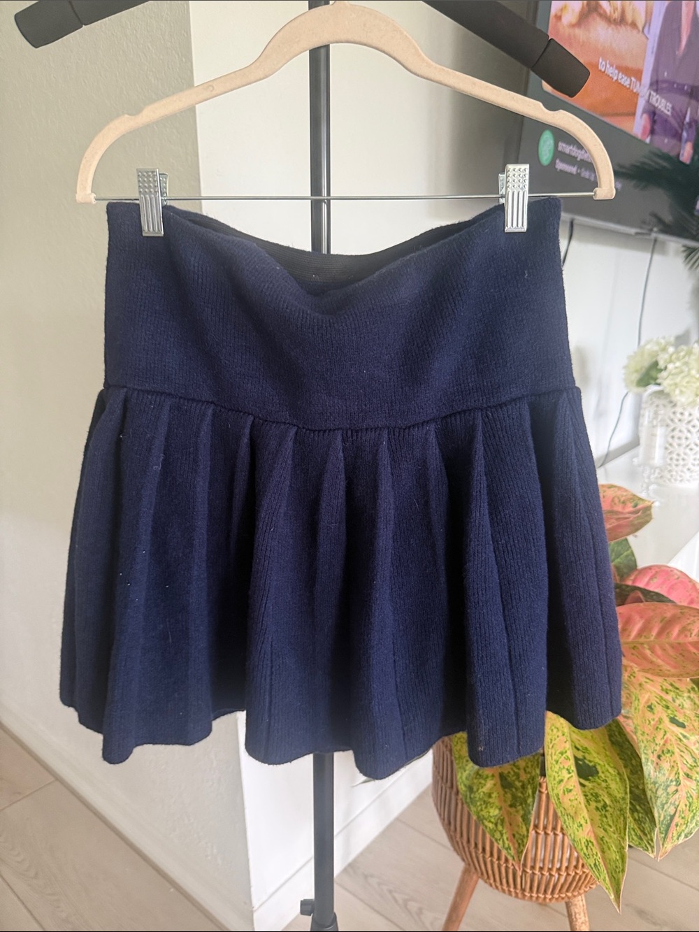 Meshki Navy Wool Knit Skater Mini Skirt